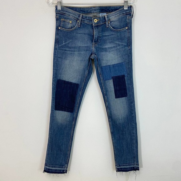 H&M Skinny Low Waist Ankle Blue Patchwork Jeans - Picture 2 of 8